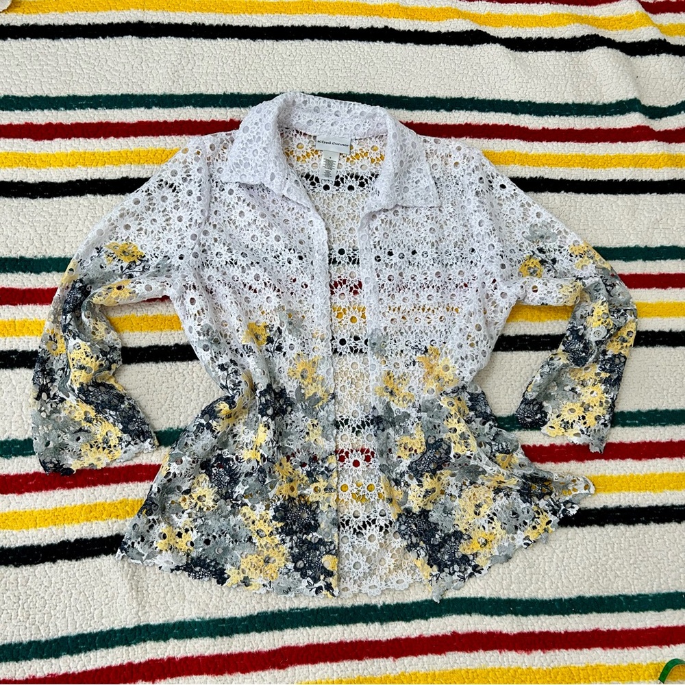 Lace floral cardigan yellow gray blue white open front collared long sleeve